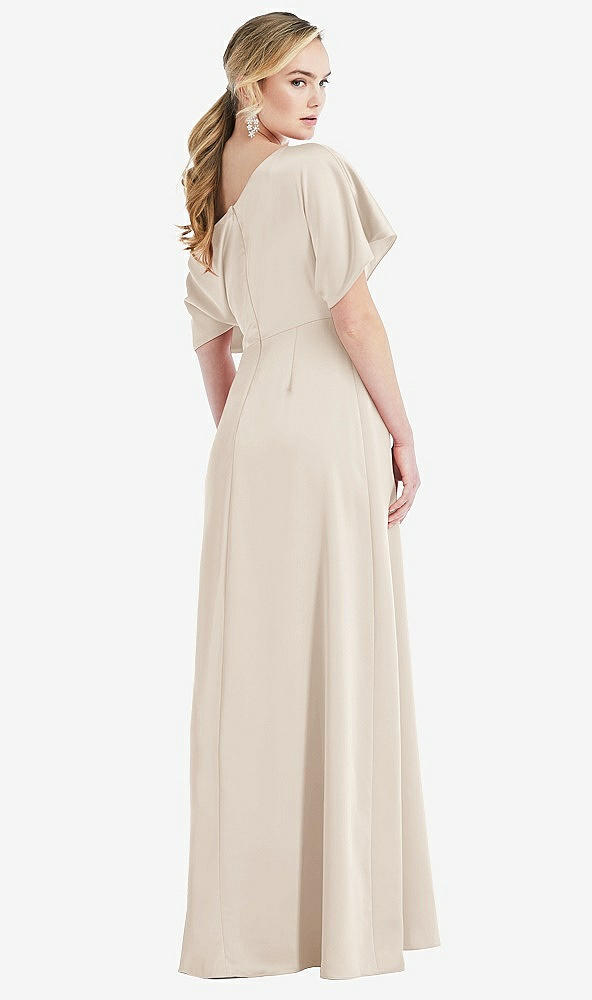 Back View - Oat One-Shoulder Sleeved Blouson Trumpet Gown