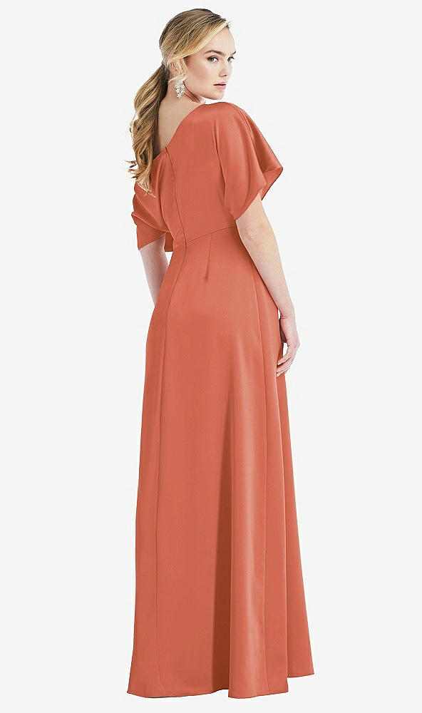 Back View - Terracotta Copper One-Shoulder Sleeved Blouson Trumpet Gown