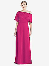 Front View Thumbnail - Think Pink One-Shoulder Sleeved Blouson Trumpet Gown