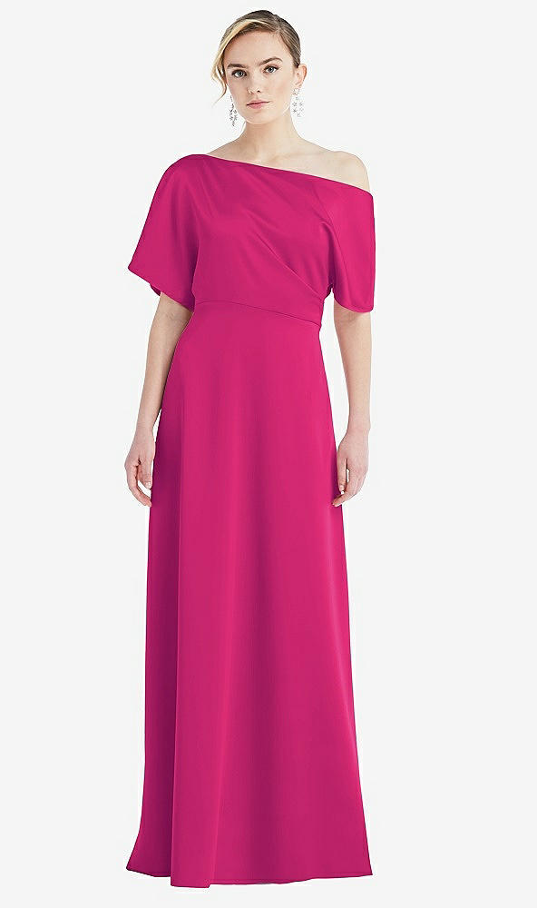 Front View - Think Pink One-Shoulder Sleeved Blouson Trumpet Gown