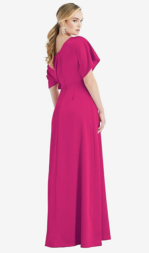 Back View - Think Pink One-Shoulder Sleeved Blouson Trumpet Gown
