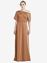 Front View Thumbnail - Toffee One-Shoulder Sleeved Blouson Trumpet Gown