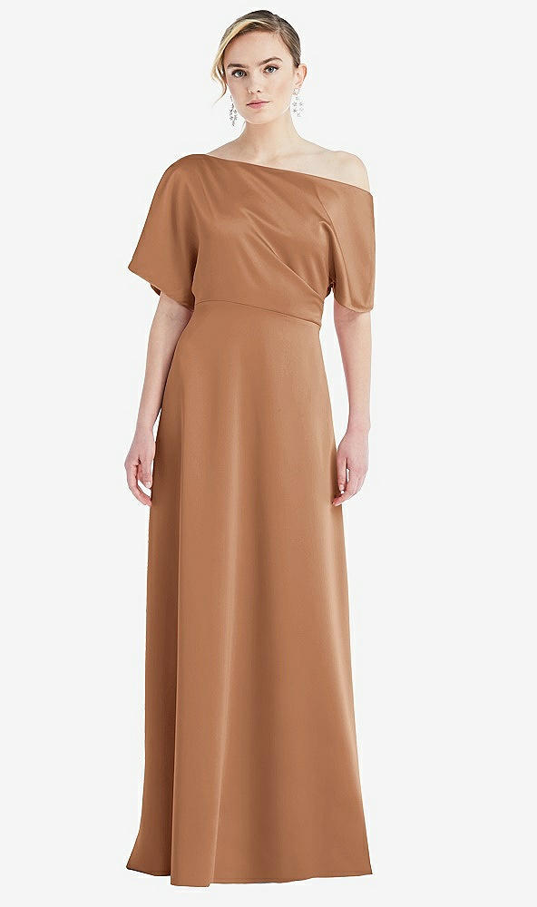 Front View - Toffee One-Shoulder Sleeved Blouson Trumpet Gown