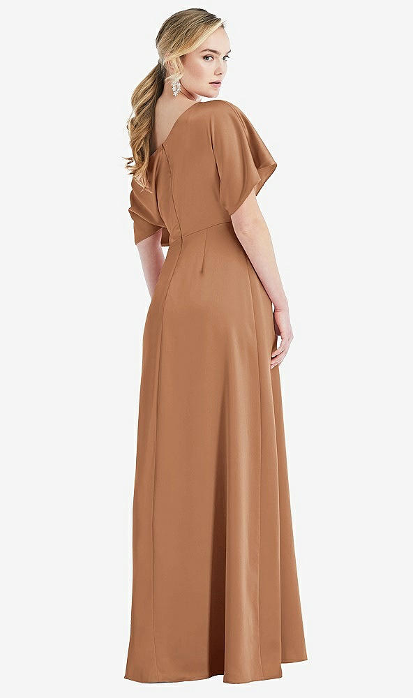 Back View - Toffee One-Shoulder Sleeved Blouson Trumpet Gown