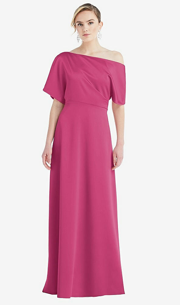 Front View - Tea Rose One-Shoulder Sleeved Blouson Trumpet Gown