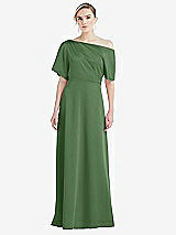 Front View Thumbnail - Vineyard Green One-Shoulder Sleeved Blouson Trumpet Gown