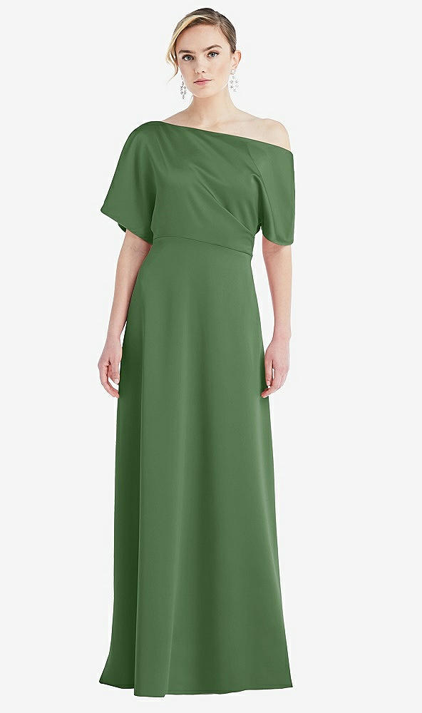 Front View - Vineyard Green One-Shoulder Sleeved Blouson Trumpet Gown