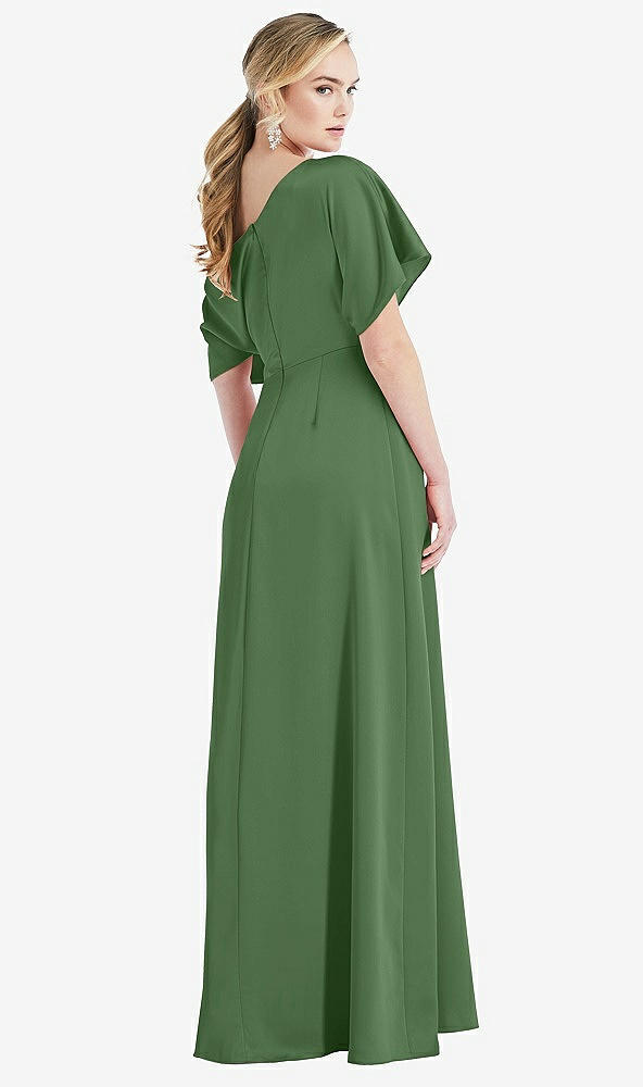 Back View - Vineyard Green One-Shoulder Sleeved Blouson Trumpet Gown