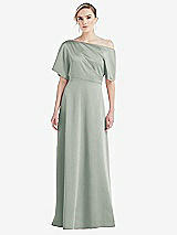 Front View Thumbnail - Willow Green One-Shoulder Sleeved Blouson Trumpet Gown