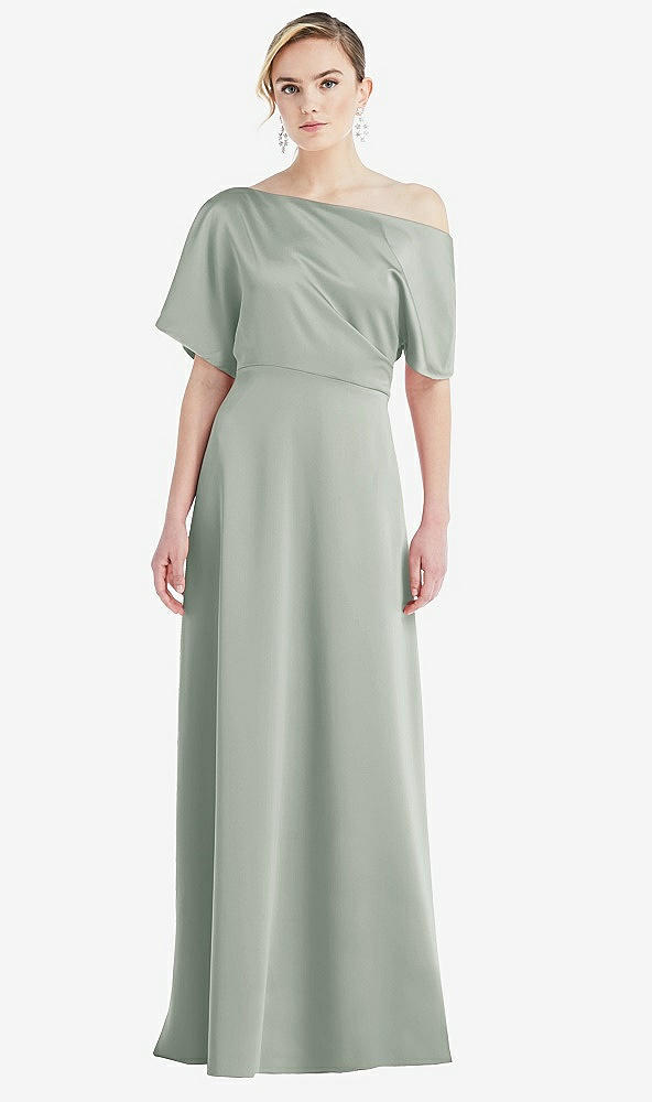Front View - Willow Green One-Shoulder Sleeved Blouson Trumpet Gown