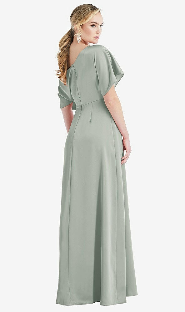 Back View - Willow Green One-Shoulder Sleeved Blouson Trumpet Gown