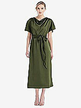 Front View Thumbnail - Olive Green Cowl-Neck Kimono Sleeve Midi Dress with Bowed Sash