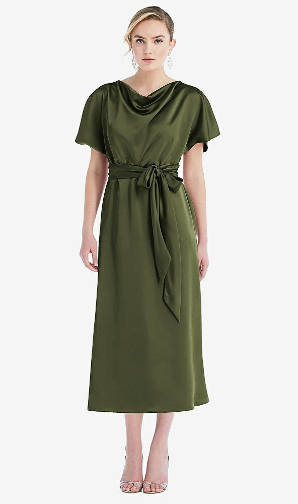 Front View - Olive Green Cowl-Neck Kimono Sleeve Midi Dress with Bowed Sash