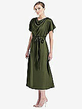 Side View Thumbnail - Olive Green Cowl-Neck Kimono Sleeve Midi Dress with Bowed Sash
