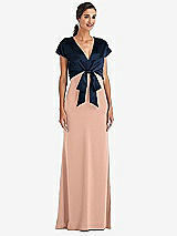 Front View Thumbnail - Pale Peach & Midnight Navy Soft Bow Blouson Bodice Trumpet Gown