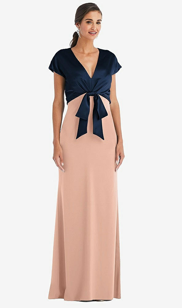 Front View - Pale Peach & Midnight Navy Soft Bow Blouson Bodice Trumpet Gown