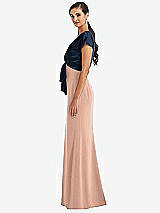 Side View Thumbnail - Pale Peach & Midnight Navy Soft Bow Blouson Bodice Trumpet Gown