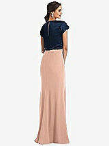 Rear View Thumbnail - Pale Peach & Midnight Navy Soft Bow Blouson Bodice Trumpet Gown