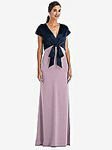 Front View Thumbnail - Suede Rose & Midnight Navy Soft Bow Blouson Bodice Trumpet Gown