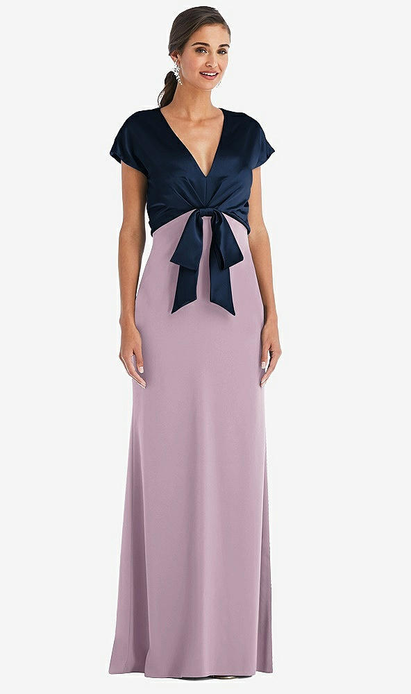Front View - Suede Rose & Midnight Navy Soft Bow Blouson Bodice Trumpet Gown