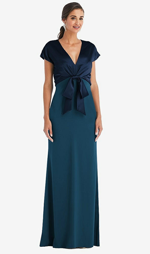 Front View - Atlantic Blue & Midnight Navy Soft Bow Blouson Bodice Trumpet Gown
