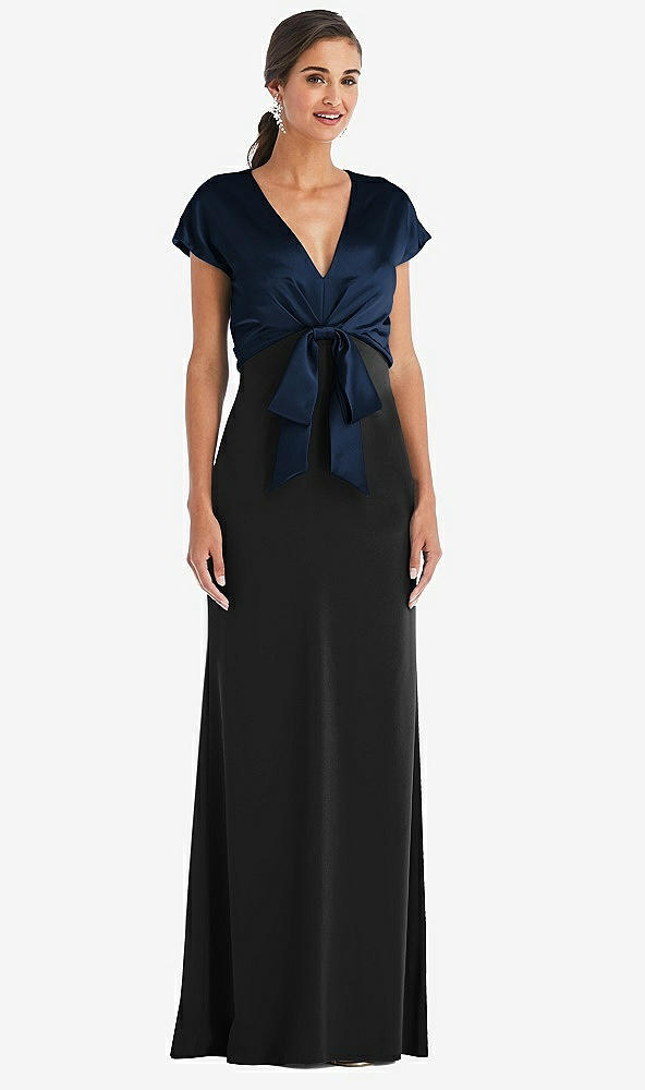 Front View - Black & Midnight Navy Soft Bow Blouson Bodice Trumpet Gown