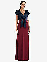 Front View Thumbnail - Burgundy & Midnight Navy Soft Bow Blouson Bodice Trumpet Gown