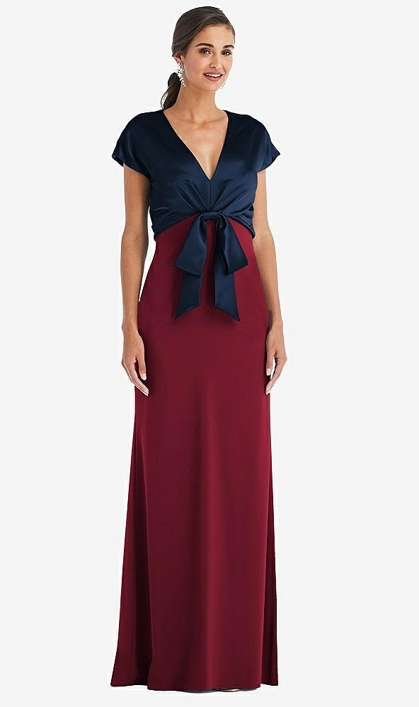 Front View - Burgundy & Midnight Navy Soft Bow Blouson Bodice Trumpet Gown