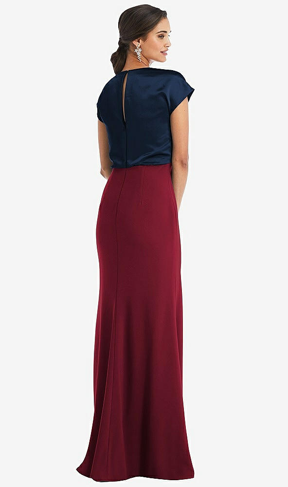 Back View - Burgundy & Midnight Navy Soft Bow Blouson Bodice Trumpet Gown