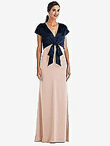 Front View Thumbnail - Cameo & Midnight Navy Soft Bow Blouson Bodice Trumpet Gown