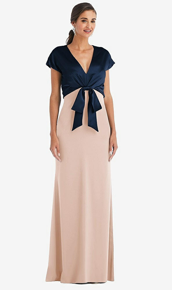 Front View - Cameo & Midnight Navy Soft Bow Blouson Bodice Trumpet Gown
