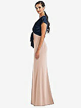 Side View Thumbnail - Cameo & Midnight Navy Soft Bow Blouson Bodice Trumpet Gown