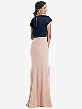 Rear View Thumbnail - Cameo & Midnight Navy Soft Bow Blouson Bodice Trumpet Gown
