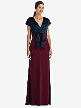Front View Thumbnail - Cabernet & Midnight Navy Soft Bow Blouson Bodice Trumpet Gown