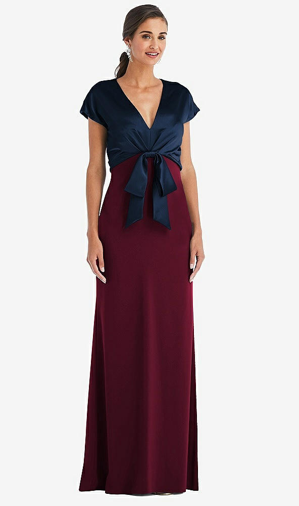 Front View - Cabernet & Midnight Navy Soft Bow Blouson Bodice Trumpet Gown