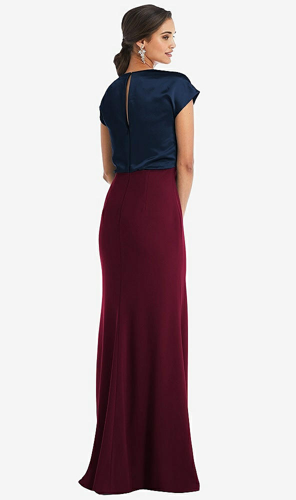 Back View - Cabernet & Midnight Navy Soft Bow Blouson Bodice Trumpet Gown