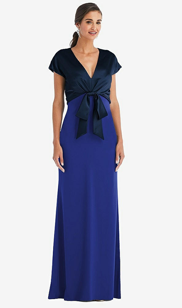 Front View - Cobalt Blue & Midnight Navy Soft Bow Blouson Bodice Trumpet Gown