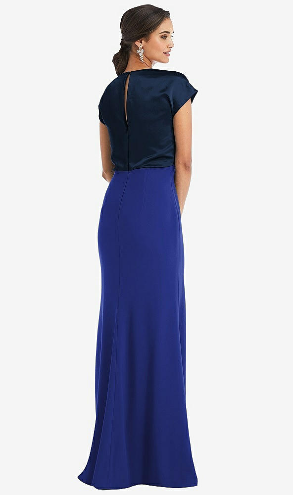 Back View - Cobalt Blue & Midnight Navy Soft Bow Blouson Bodice Trumpet Gown