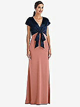 Front View Thumbnail - Desert Rose & Midnight Navy Soft Bow Blouson Bodice Trumpet Gown