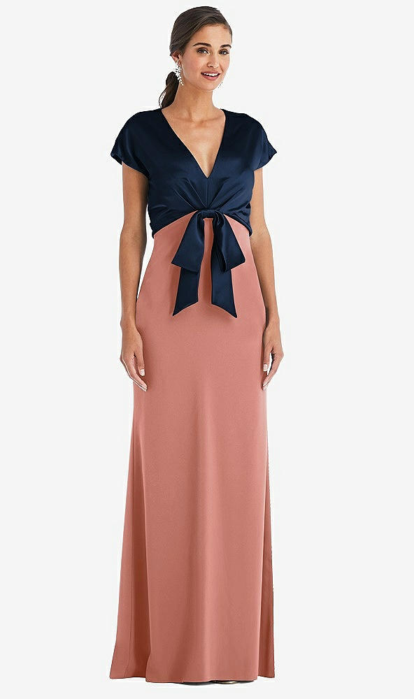 Front View - Desert Rose & Midnight Navy Soft Bow Blouson Bodice Trumpet Gown