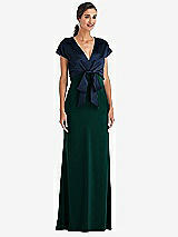 Front View Thumbnail - Evergreen & Midnight Navy Soft Bow Blouson Bodice Trumpet Gown