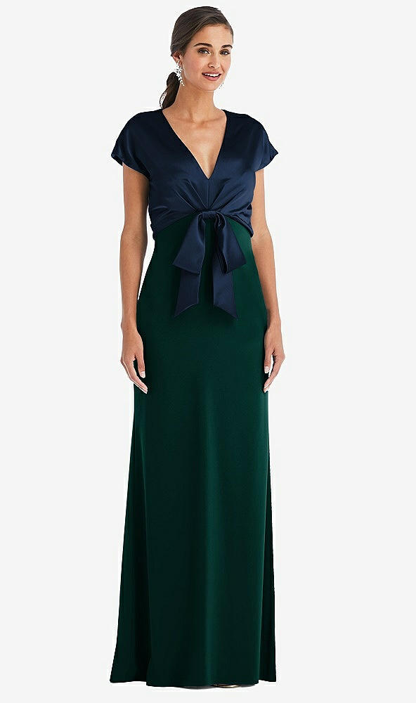 Front View - Evergreen & Midnight Navy Soft Bow Blouson Bodice Trumpet Gown