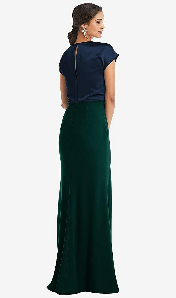 Back View - Evergreen & Midnight Navy Soft Bow Blouson Bodice Trumpet Gown