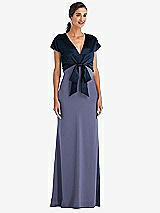 Front View Thumbnail - French Blue & Midnight Navy Soft Bow Blouson Bodice Trumpet Gown