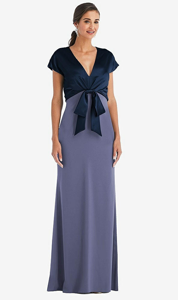 Front View - French Blue & Midnight Navy Soft Bow Blouson Bodice Trumpet Gown