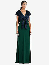 Front View Thumbnail - Hunter Green & Midnight Navy Soft Bow Blouson Bodice Trumpet Gown