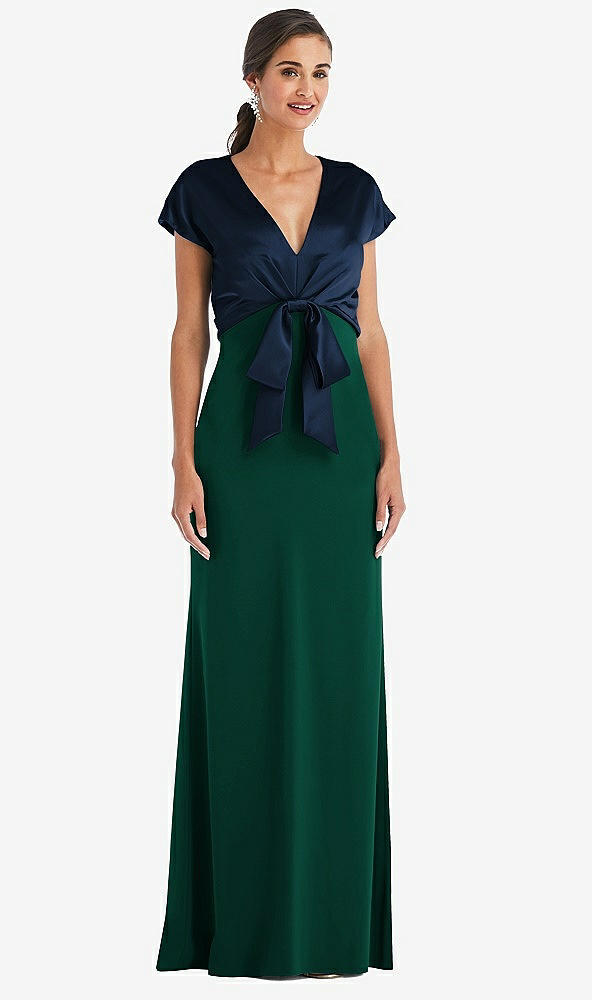 Front View - Hunter Green & Midnight Navy Soft Bow Blouson Bodice Trumpet Gown