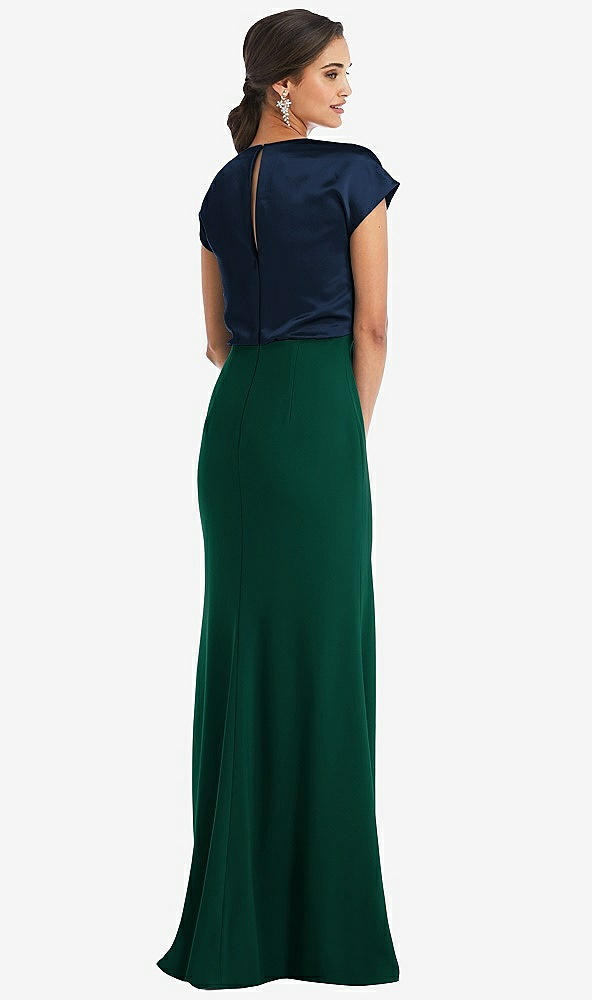 Back View - Hunter Green & Midnight Navy Soft Bow Blouson Bodice Trumpet Gown