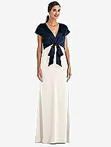 Front View Thumbnail - Ivory & Midnight Navy Soft Bow Blouson Bodice Trumpet Gown