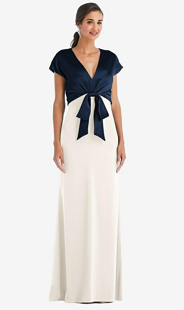 Front View - Ivory & Midnight Navy Soft Bow Blouson Bodice Trumpet Gown